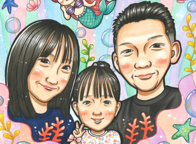 Cartoon portrait of a smiling mother, father, and young daughter posing together with an underwater-themed background of bubbles and seaweed.