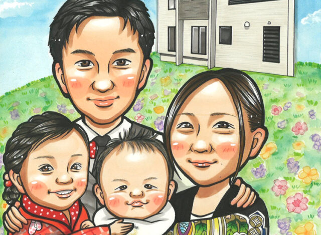 櫻井 映寿 様01 | ホームセレクト A smiling Asian family of four posing together in a sunny garden with a modern house in the background.