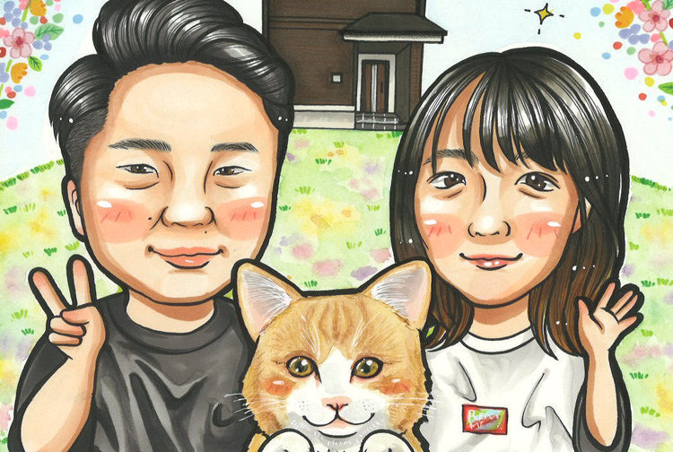Illustrated couple and cat posing outdoors with a house and colorful flowers in the background.