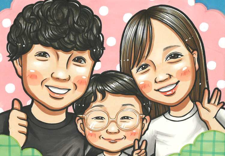 Cartoon family of three smiles together: father with curly hair, mother with straight hair, and a child with round glasses in the center, pink polka-dot backdrop.