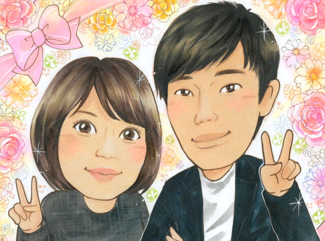 Caricature of a smiling couple taking a selfie, both flashing peace signs, with a pastel floral background.