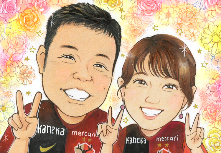 Cartoon of a smiling man and woman in red jerseys flashing peace signs, framed by colorful flowers in the background