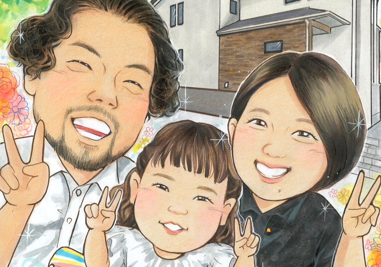 Happy family of three posing for a selfie, making peace signs outdoors in front of a house.