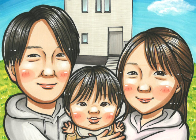 S様 | ホームセレクト Family of three smiling in front of a modern house on a sunny day, outdoors.