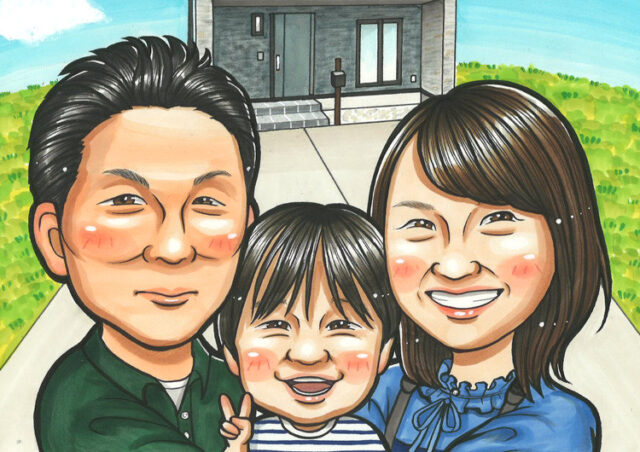 Family of three posing for a photo in front of a modern house on a sunny day, all smiling with rosy cheeks.