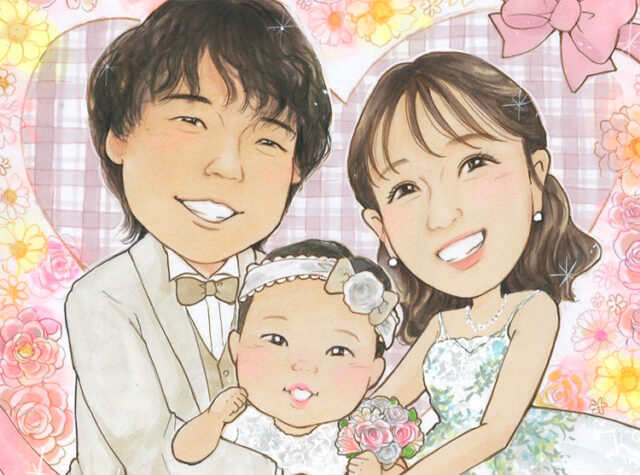 Illustration of a smiling couple in wedding attire holding their baby girl, surrounded by pink flowers.