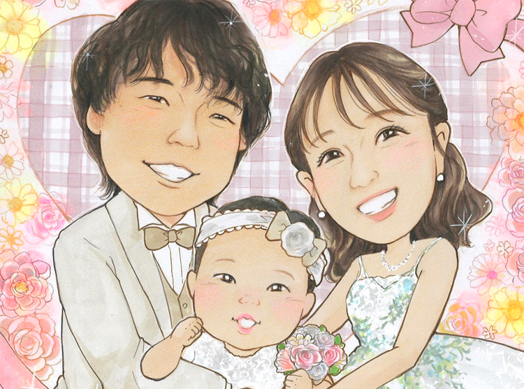 Illustration of a smiling couple in wedding attire holding their baby girl, surrounded by pink flowers.