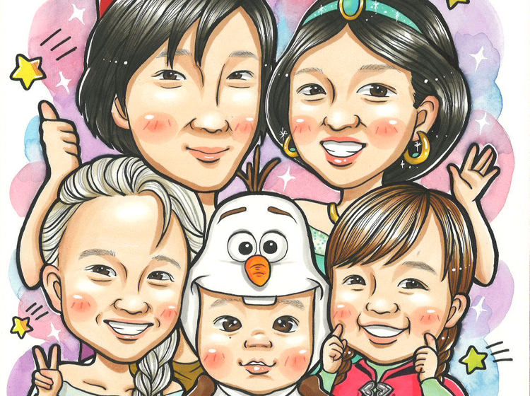 Colorful cartoon family of five smiling together, with a baby in a white penguin hat at the center.